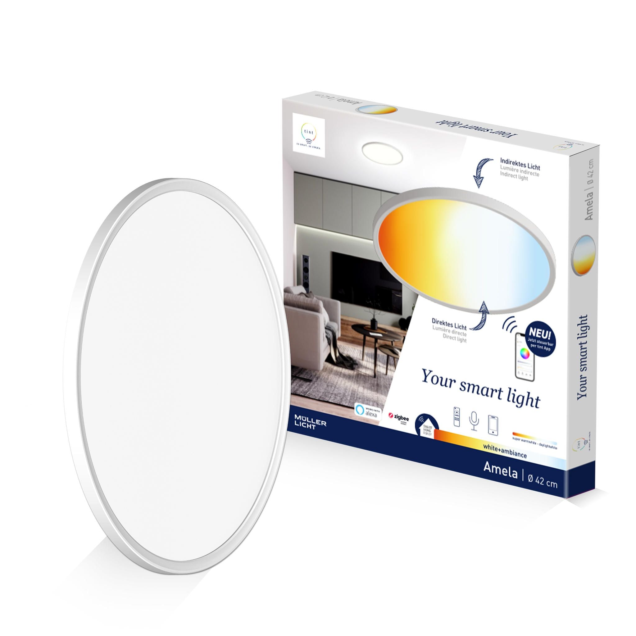 Smarte Deckenleuchte Amela, 42 cm, white+ambiance
